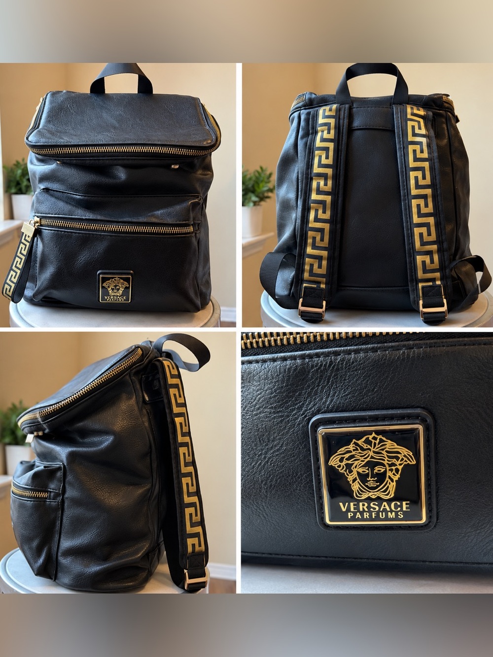 Versace Parfums Black & Gold Greek Key Backpack Medusa Logo